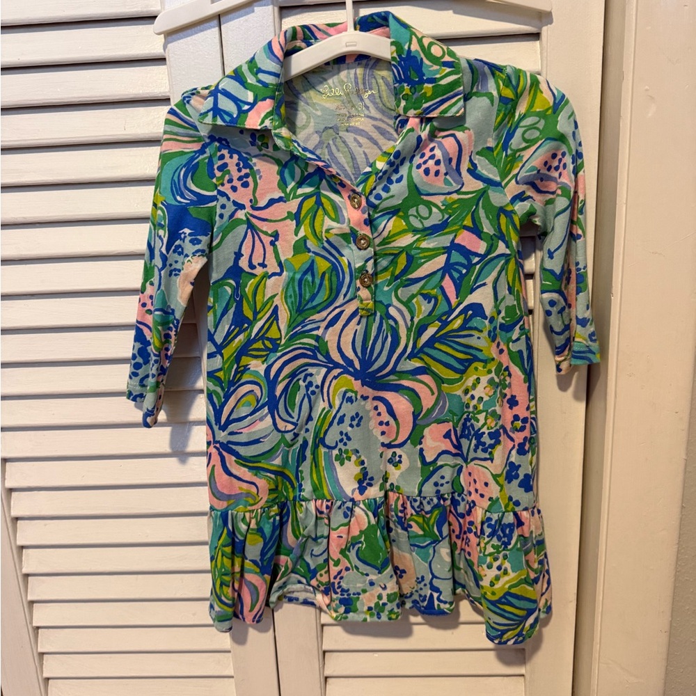 Kids Floral Ruffle Amelia Polo Dress - Blue, Pink & Green